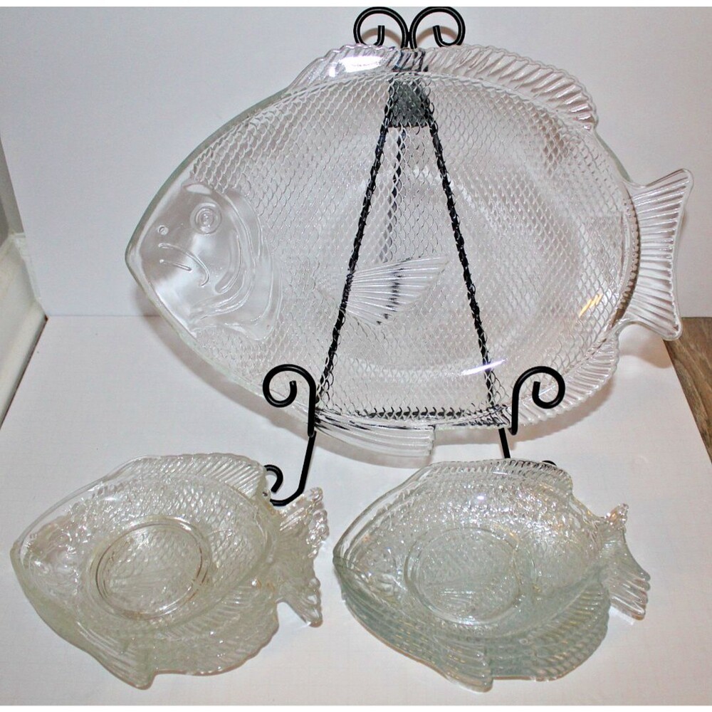 Vintage Anchor Hocking Clear Glass Fish Platter + 8 Luncheon Plates Oven Proof